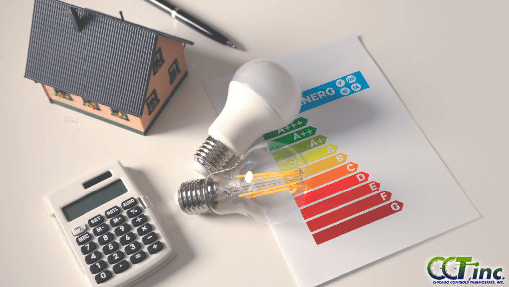 Lightbulbs, an energy use chart, calculator, and pen.